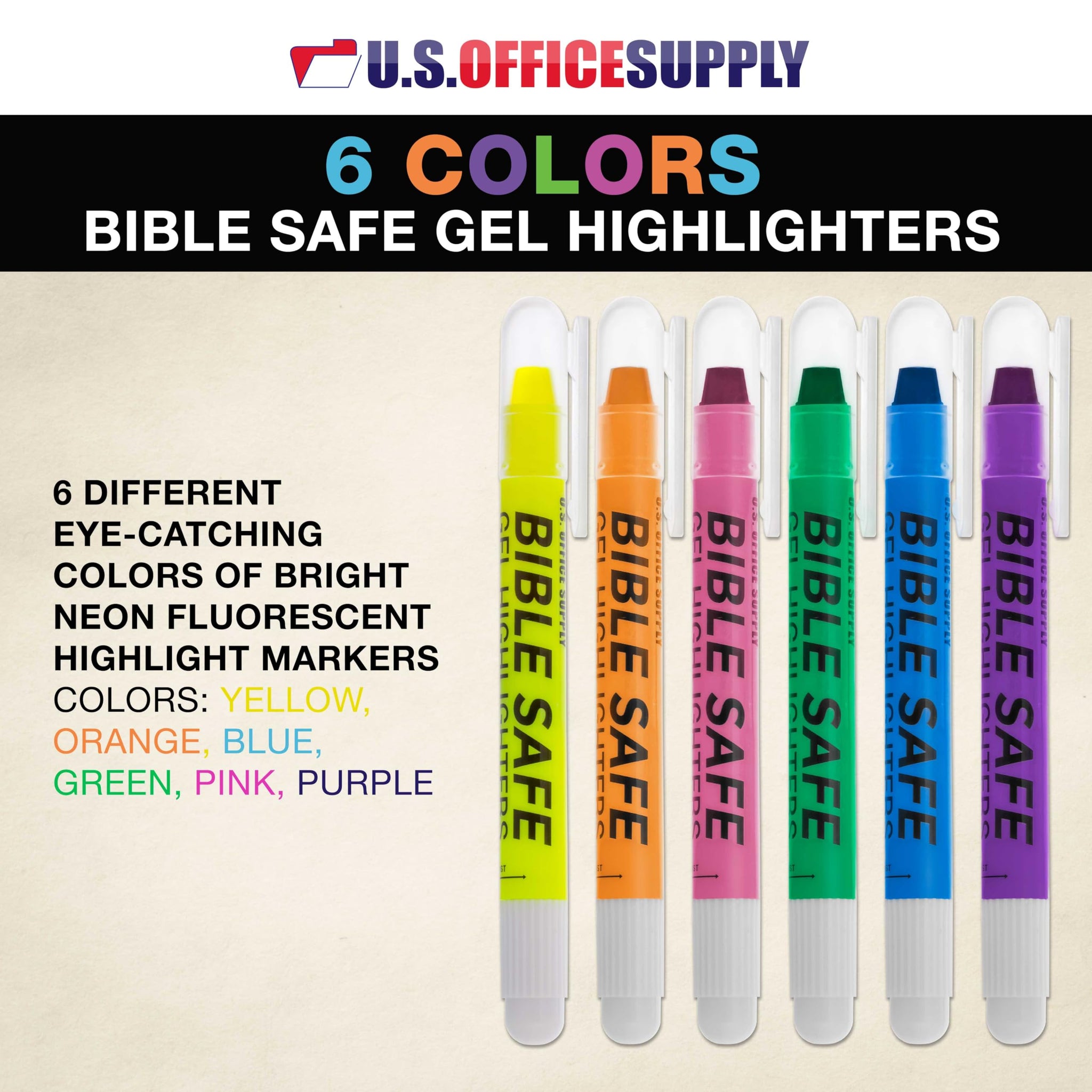 U.S. Office Supply Bible Safe Gel Highlighters, 6 Pack Set - 6 Different Bright Neon Fluorescent Highlight Colors Yellow, Orange