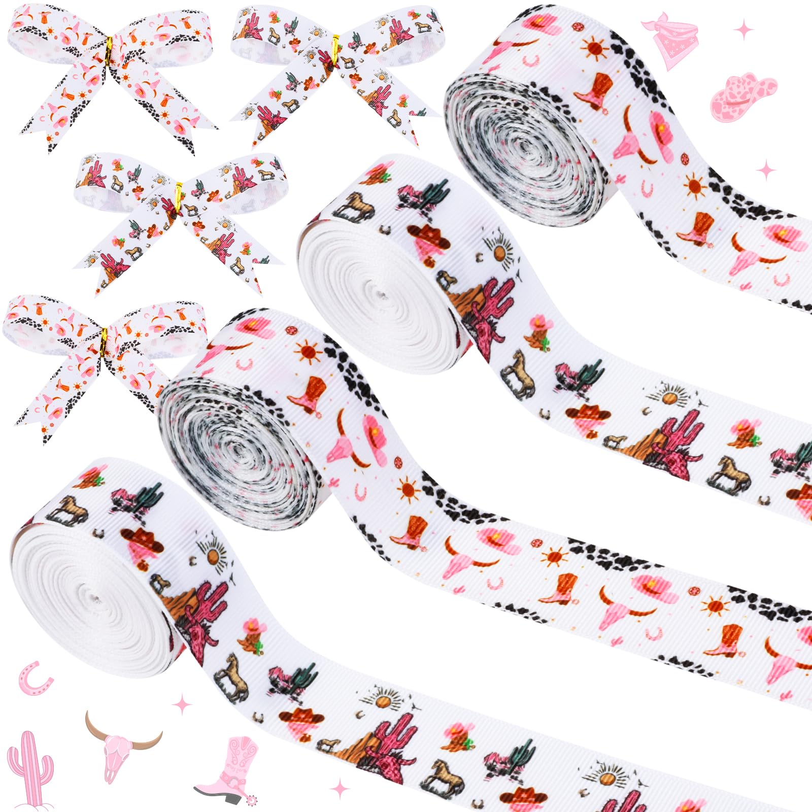 Cheerupp 4 Rolls Cowgirl Theme Ribbons, 20 Yards Craft Ribbons for Wreath Hair Bow Wrapping Gifts Packing, Western Cowboy Grosgr