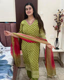 Anni Designer Women'S Rayon Viscose Printed Straight Kurta With Pant & Dupatta (Subhi Mehandi_Xxl_Mehandi_Xx-Large),Mehandi,2XL,,,