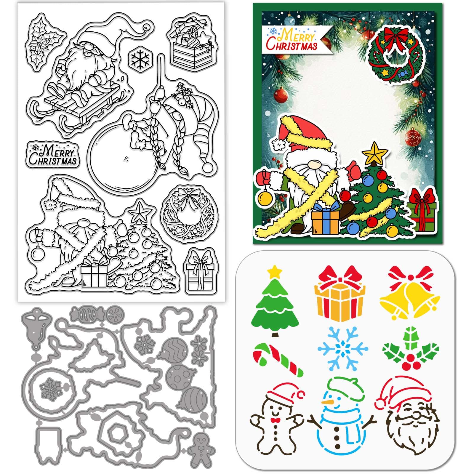 GLOBLELAND Christmas Gnomes Clear Stamps Cutting Dies Painting Stencils for Card Making Merry Christmas Silicone Stamp Metal Sno