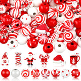 FairySandy 200 Pcs Red and White Christmas Wood Beads Santa Claus Candy Cane Peppermint Round Loose Spacer Craft Wooden Beads fo