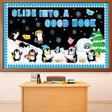 Winter Penguin Reading Bulletin Board Set Winter Christmas Library Classroom Decorations Books Snowflake Paper Cutout Blue Bulle