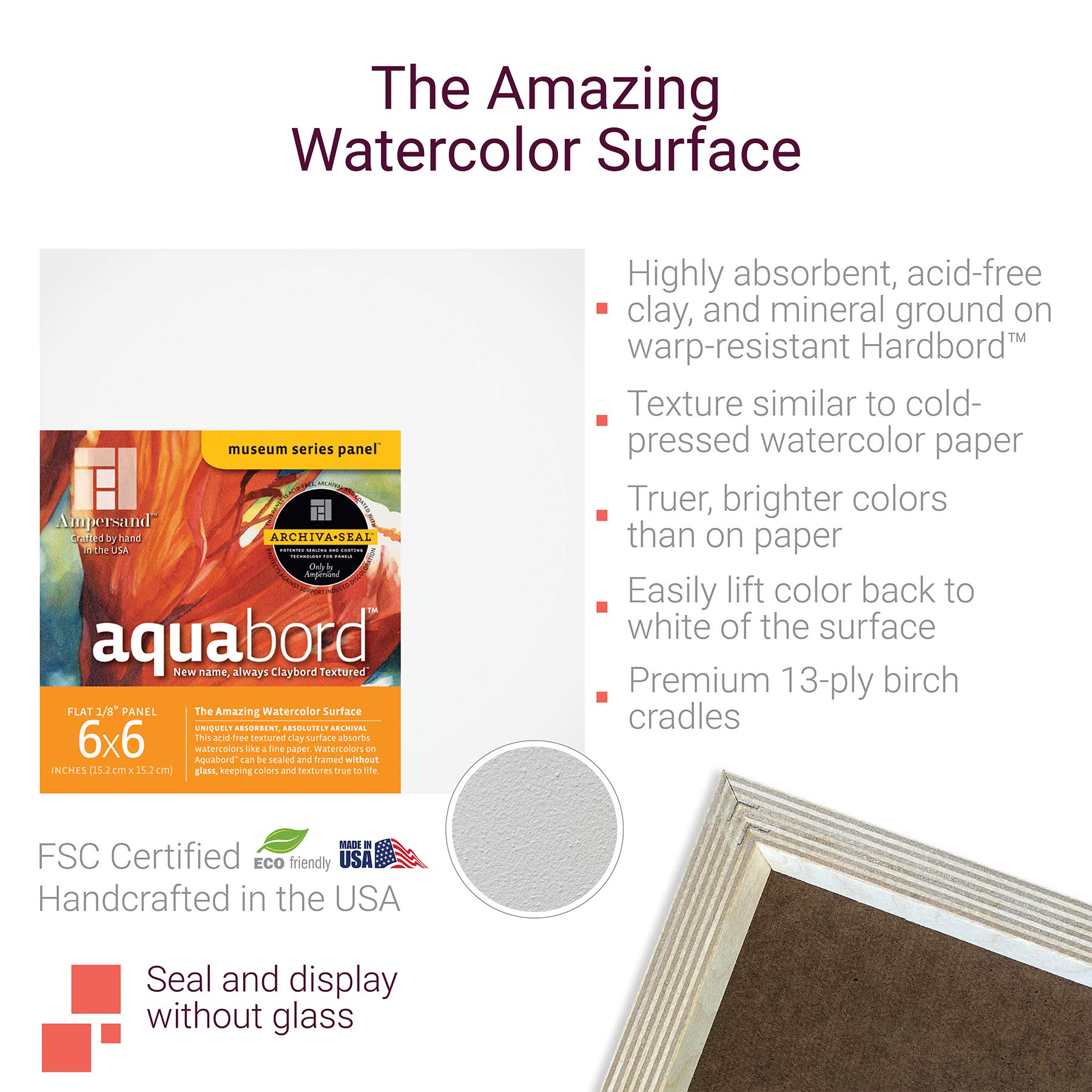Ampersand Art Supply Watercolor Painting Panel: Museum Series Aquabord, 18 Inch Depth, 6 X 6 - Pack Of 4 Panels