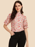 Wedani Women'S Casual Puff Sleeves Ruffled Collor Foral Top (Medium Pink),Pink,M,Rayon,Regular,