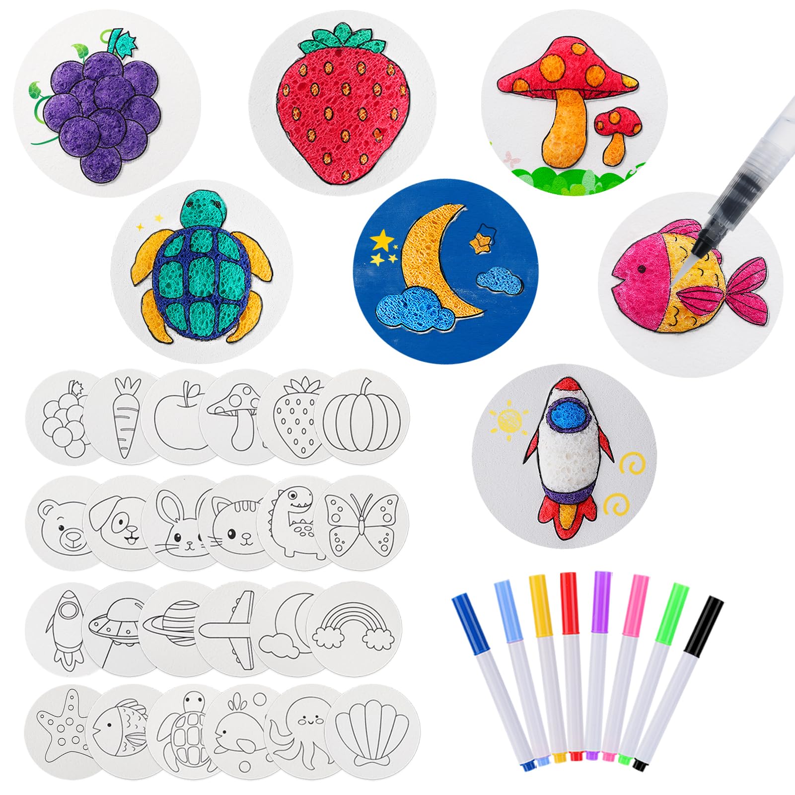 33 Pcs Pre-Designed Magic Puffy Paint Kit - Includes 24 Pcs Thicken 4in Foam Texture Paper, 8 Colors Markers, 1 Water Brush, Mag