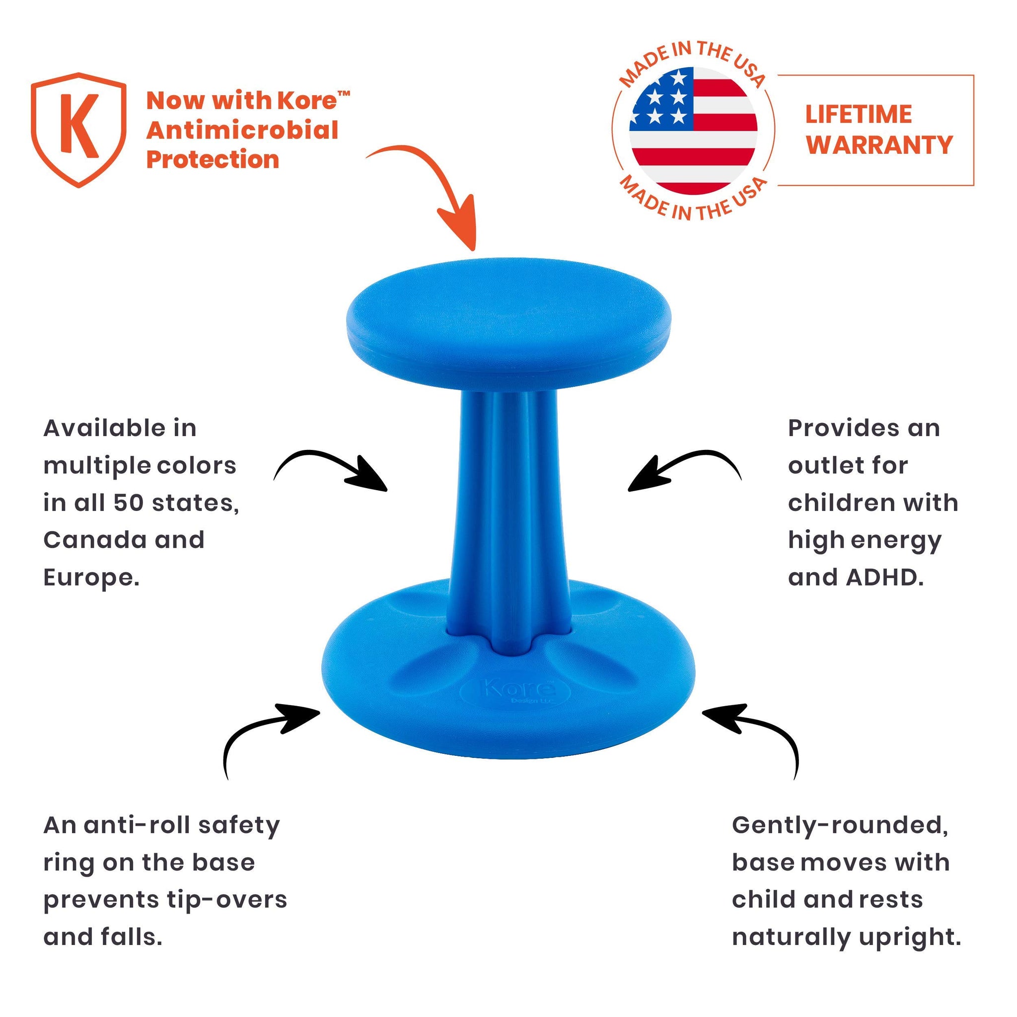 Kore Kids Preschool Wobble Chair - Flexible Seating Stool For Classroom, Preschool, Kindergarten & Elementary School - Made In T