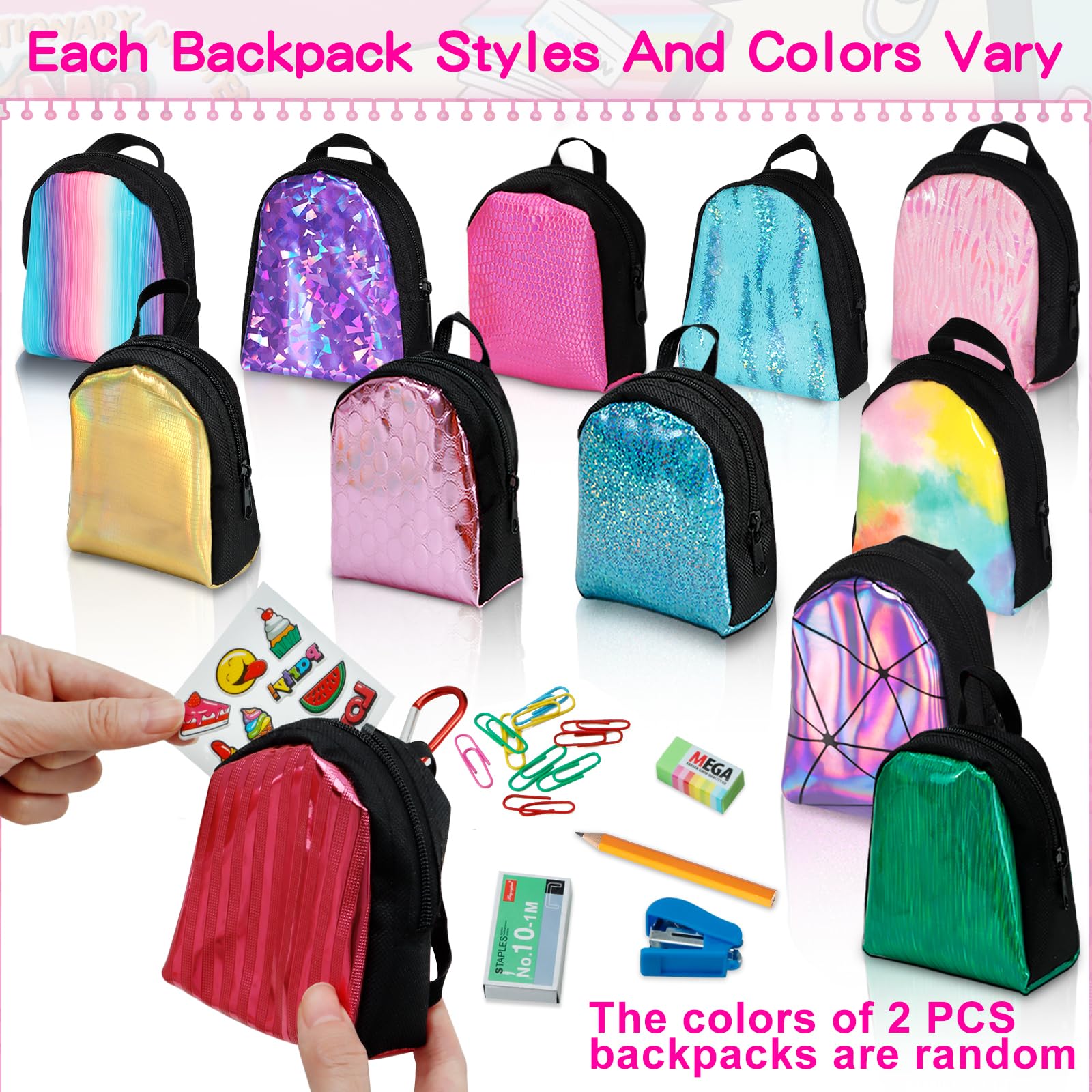 Euclidean Cube 2 Pieces Mini Doll Backpack Toys with 12 Stationery Surprises Inside, Collectible Mini Backpack for Doll with Car