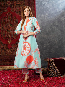 Anni Designer Women'S Cotton Blend Anarkali Printed Kurta With Pant (Santra Orange-Jl_Xl_Orange_X-Large),Orange,XL,,,