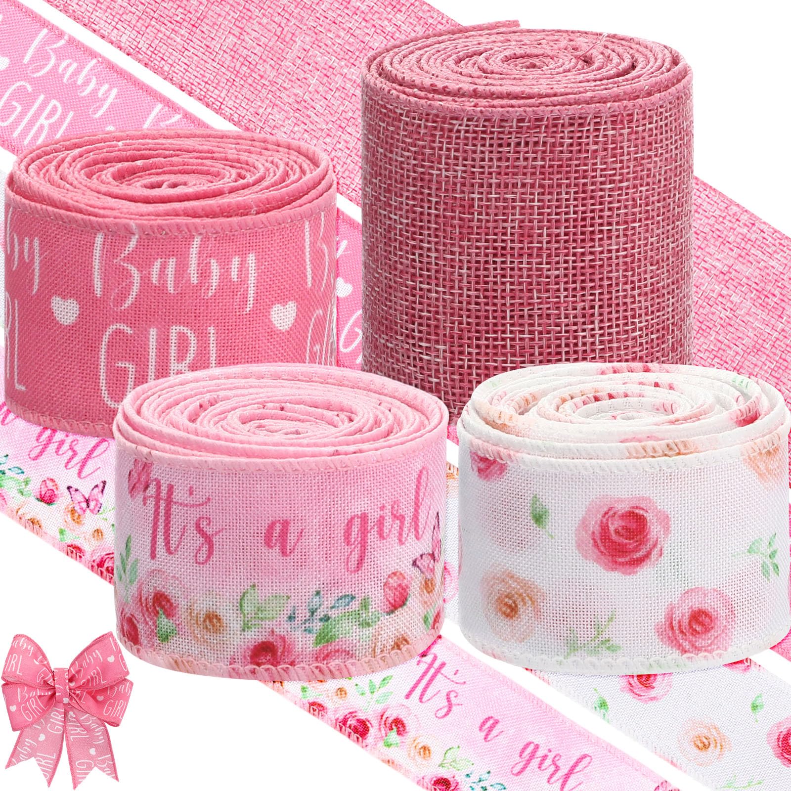 Waydress 4 Rolls Pink Its a Girl Theme Ribbon 2.5 Inch Wired Baby Shower Ribbon for Diaper Cake Wreaths Bows Gift Wrapping DIY 