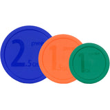 Pyrex (1) 322-PC 1qt Green, (1) 323-PC 1.5qt Orange, and (1) 325-PC 2.5qt Blue Mixing Bowl Lids - Made in the USA