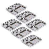 Sumeet Stainless Steel Rectangular 5 in 1 Compartment Lunch/Dinner Plate Set of 6Pcs, 33.5cm Dia, Silver