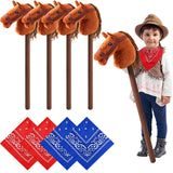 Poen 8 Pcs Light Brown Horse Stick with Sound Red and Blue Bandana Set 27.6'' Toys Stick Horse Western Cowboy Bandana Horse Head