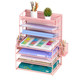 handimp Pink 7 Tier Desk File Organizer, Metal Letter Tray Paper Organizer with PullOut Drawer, Removable Pen Holder & Hanging 