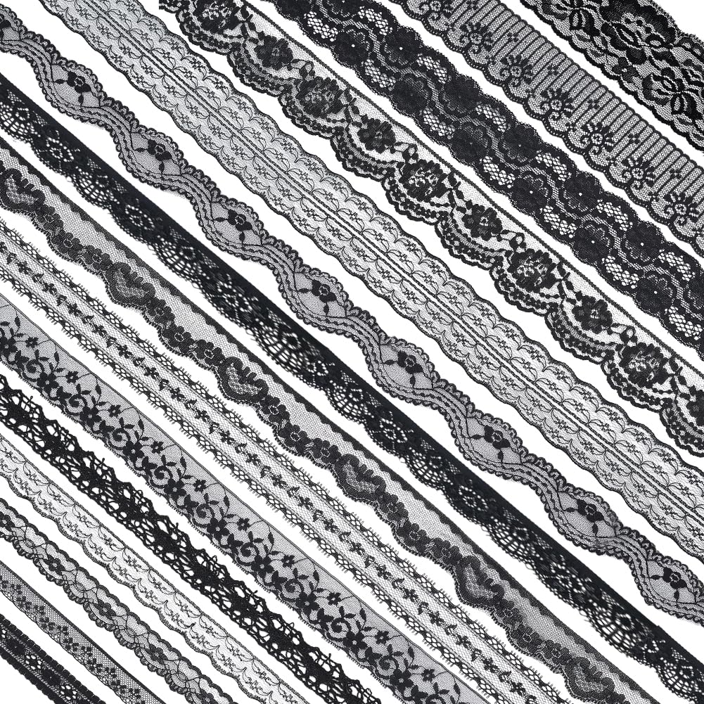 BENECREAT 37.5 Yards 15 Rolls Mixed Black Floral Pattern Fabric Lace Ribbon for Wedding Invitation, Cards, Decorating, Sewing, H