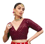 Pujia Mills Womens Fancy Readymade Half Sleeve Sequins Saree Blouse (Maroon, 36)