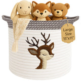 Deer Storage Basket for Nursery - Large 15  x11Cotton Rope Bin with Soft Felt Animal Patch - Toy Organizer, Baby Laundry Ha