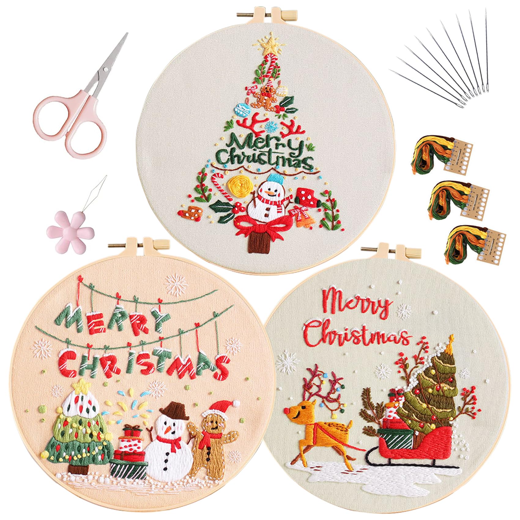 LB Christmas Embroidery Kit for Beginners Adults, 3 Sets Hand Embroidery Starter Kit with Xmas Tree Pattern and Instructions Sta