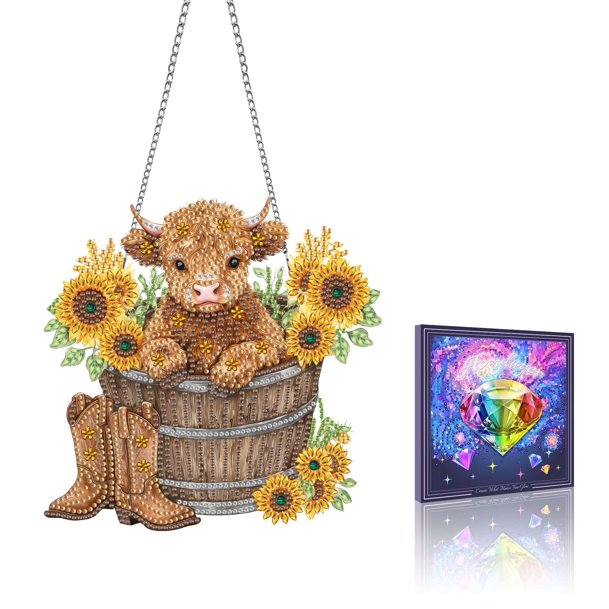 VAIIEYO Cow Diamond Art Hanging Ornament, Sunflower Diamond Painting Suncatchers Window Hanging Kit with Chain, 7.5x7.5 inch Cry