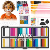 WUO Professional Face Painting Kit for Kids Adults, 12x10g+4 Colors Split Cake Palette with Stencils Sponge, Non-Toxic Water-Act