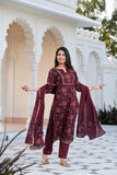 Anni Designer Women'S Cotton Blend Straight Printed Kurta With Pant & Dupatta (Rapat Wine_L_Wine_Large),Wine,L,Cotton Blend,Regular,