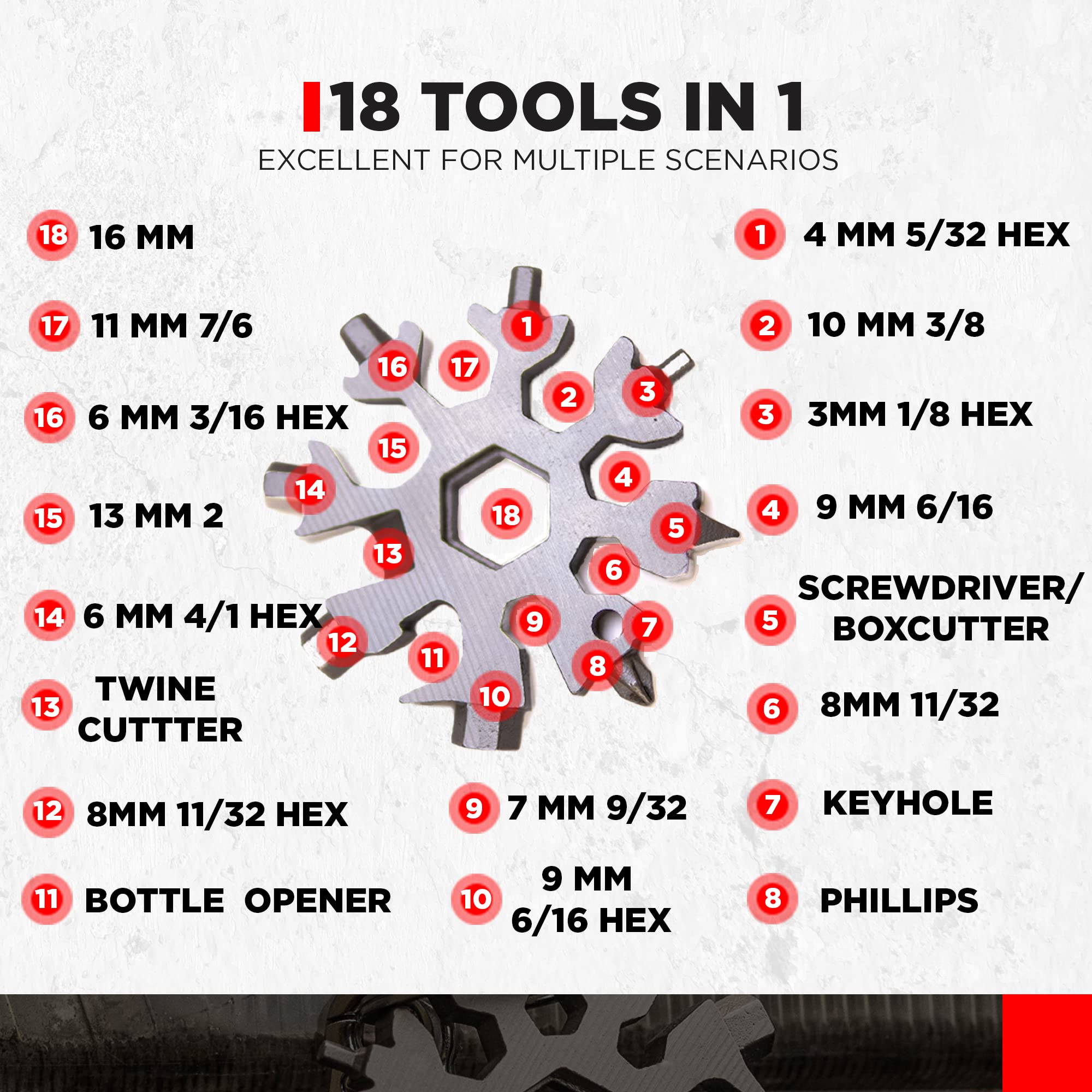 Alltul Snowflake MultiTool by KeySmart - 18 in 1 Mini Snowflake Pocket Tool - Stainless Steel Mini Multitool for Outdoor Sports,