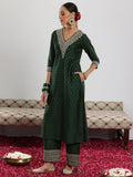 Libas Womens Woven Design Silk Blend A-Line Kurta With Trousers And Dupatta Green S