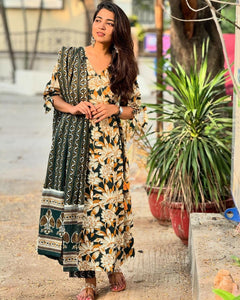 Gosriki Women'S Rayon Blend Anarkali Printed Kurta With Pant & Dupatta (Kajiyana Multi-Gs_L_Multi_Large) Multicolour,Multicolour,,B0DD76SSS6
