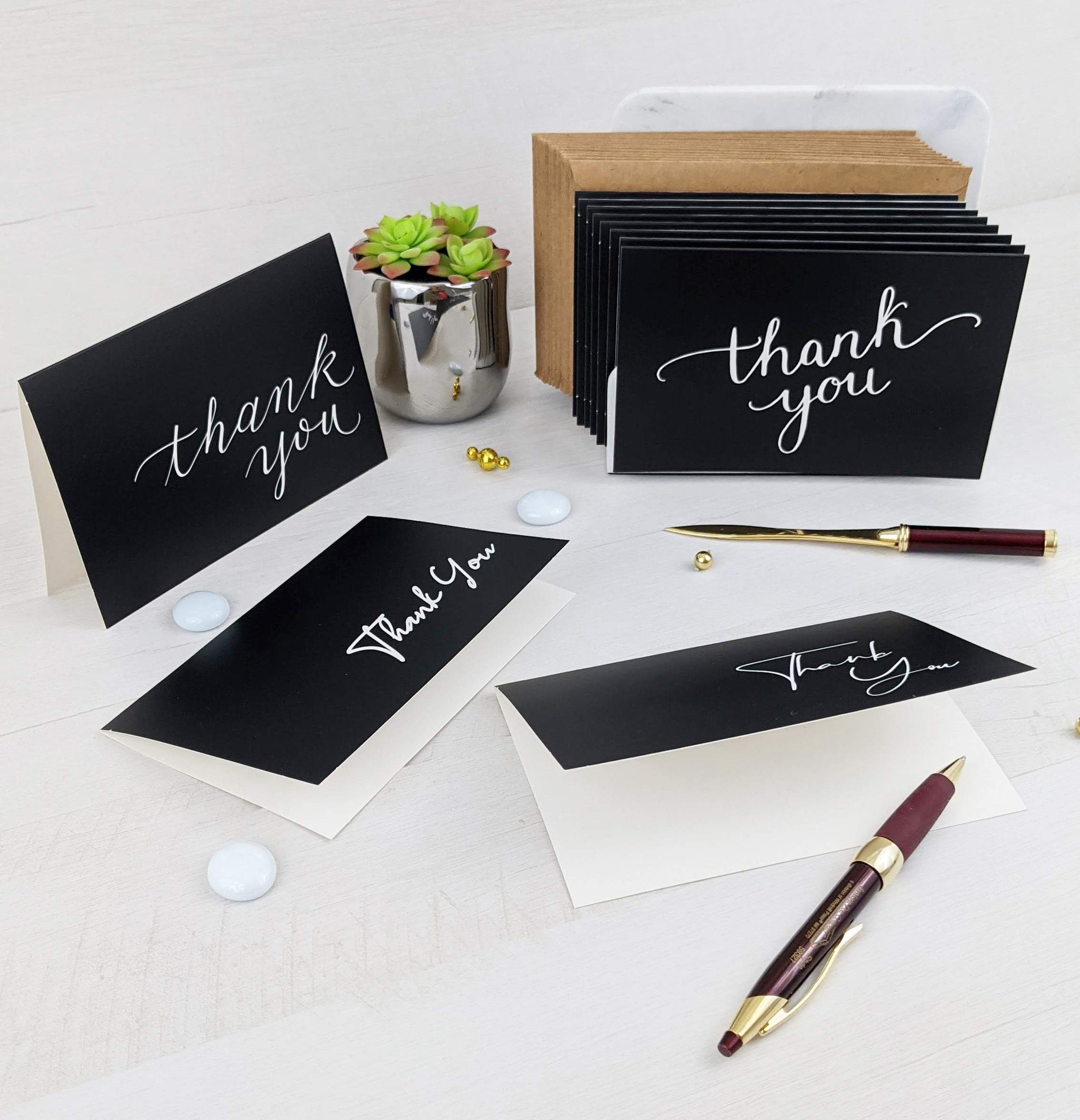 100 Black Thank You Cards with Brown Kraft Envelopes and Stickers - 4 Designs Bulk Notes for Official, Formal, Office, Graduatio