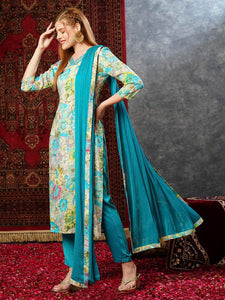 Gosriki Women'S Cotton Blend Printed Straight Kurta With Pant & Dupatta (Ruth Rama-Jl-Gs_M_Multi_Medium),Rama Blue,,B0D73Y8KCG