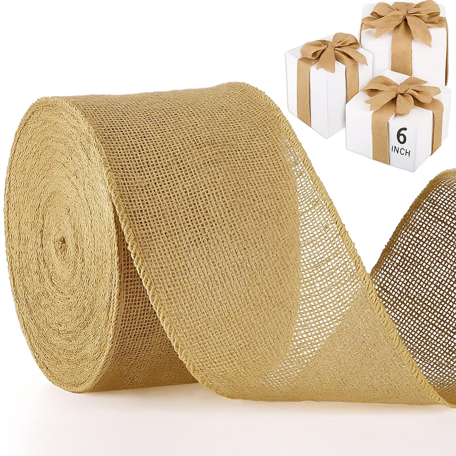 Chuangdi 20 Yard 6 Inches Burlap Ribbon Wide Jute Ribbon Natural Burlap Fabric Roll Wired Edge for Wreaths, Christmas Tree Decor