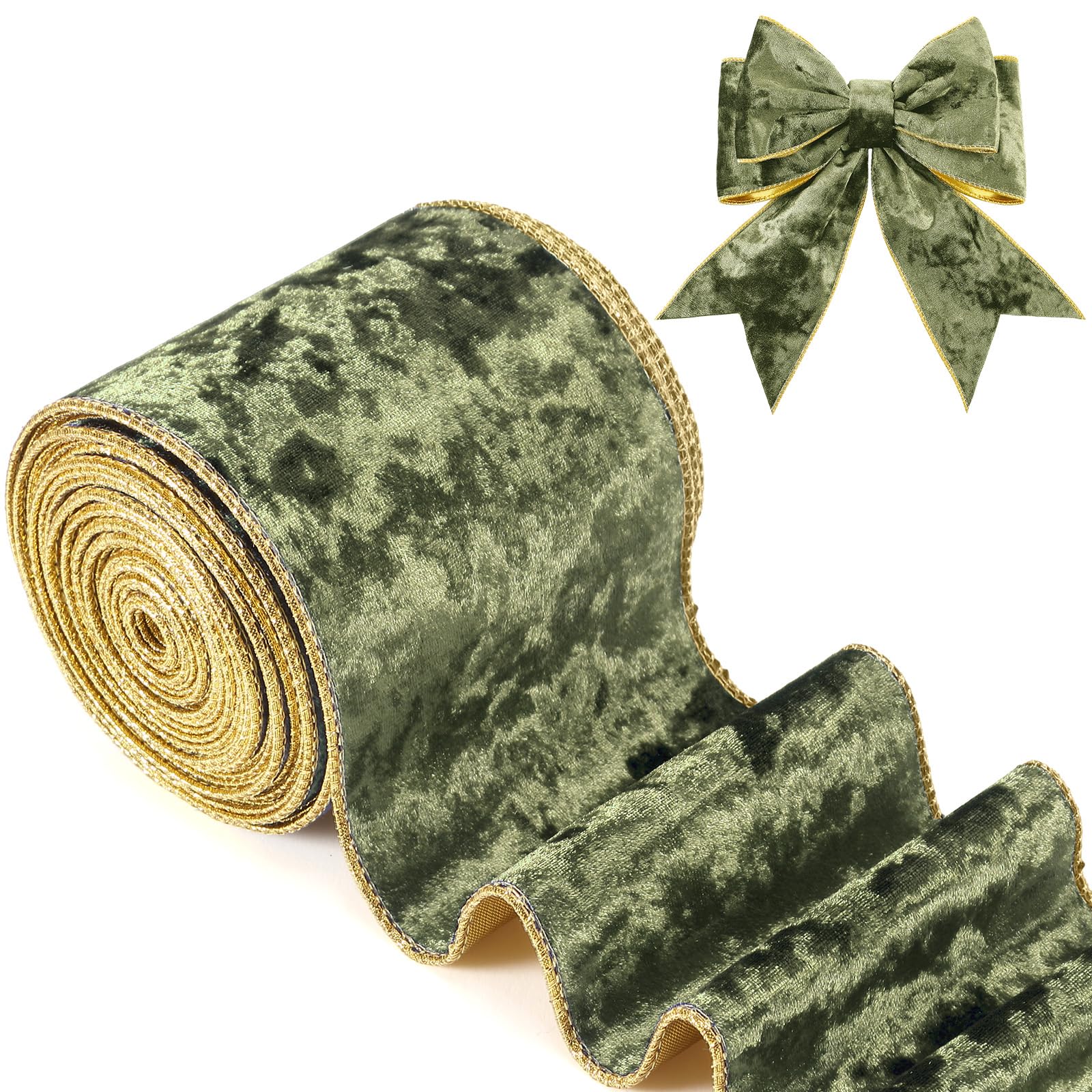Riceshoot Christmas 4 Inch Velvet Ribbon 10 Yards Olive Green Wide Wired Velvet Ribbon with Gold Edge for Wrapping Bow Gift Box 
