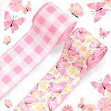 Threetols 2 Rolls 10 Yards Floral Butterfly Wired Edge Ribbon, 2.5inch Pink White Buffalo Plaid Burlap Ribbon, Pink Gift Wrappin