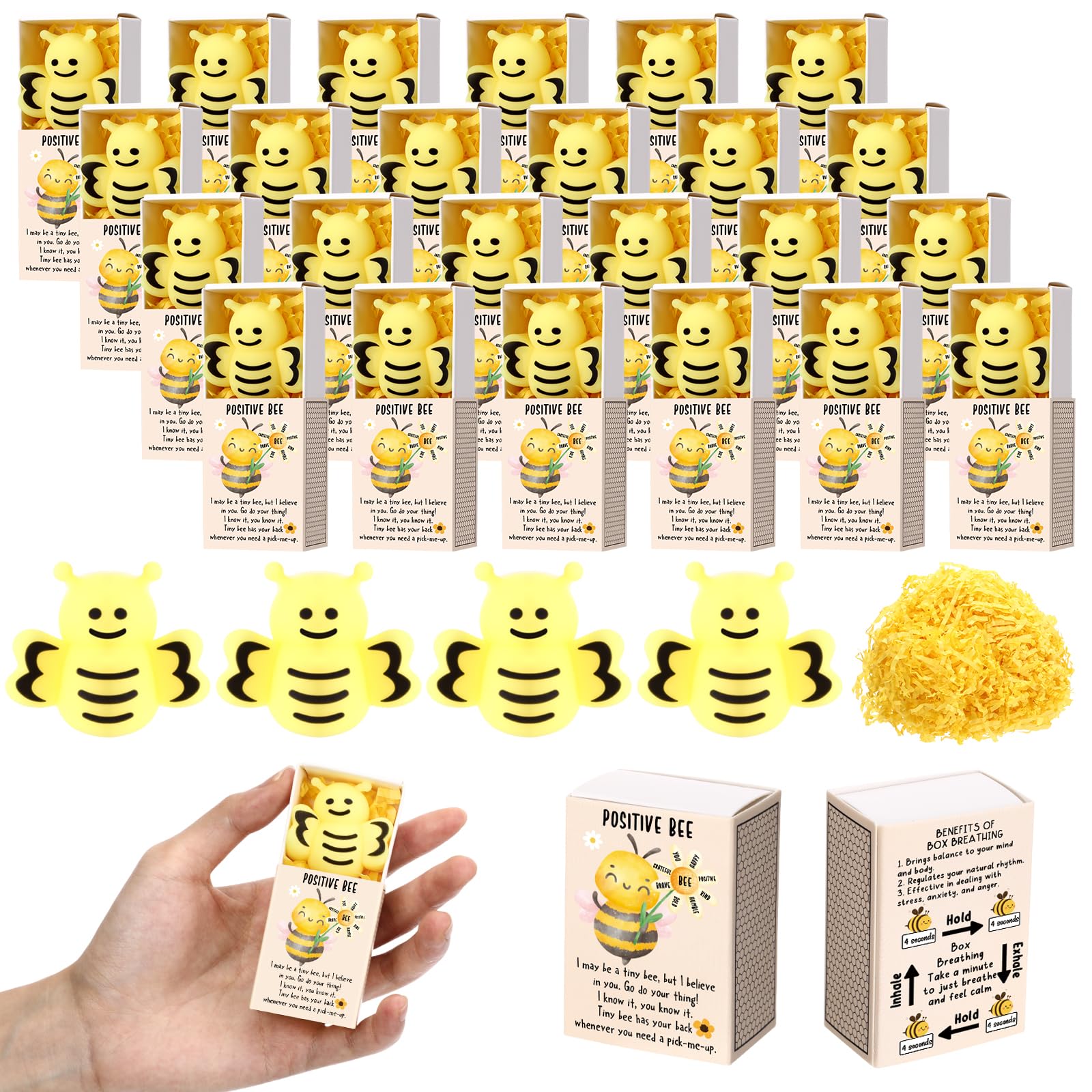Wettarn 24 Sets Bee Gifts Positive Cute Stress Balls with Support Gift Boxes Inspirational Party Favors for Employee Coworker Fr