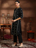 Libas Womens Woven Design Cotton Blend Straight Kurta With Trousers And Dupatta Black 2Xl 39068B