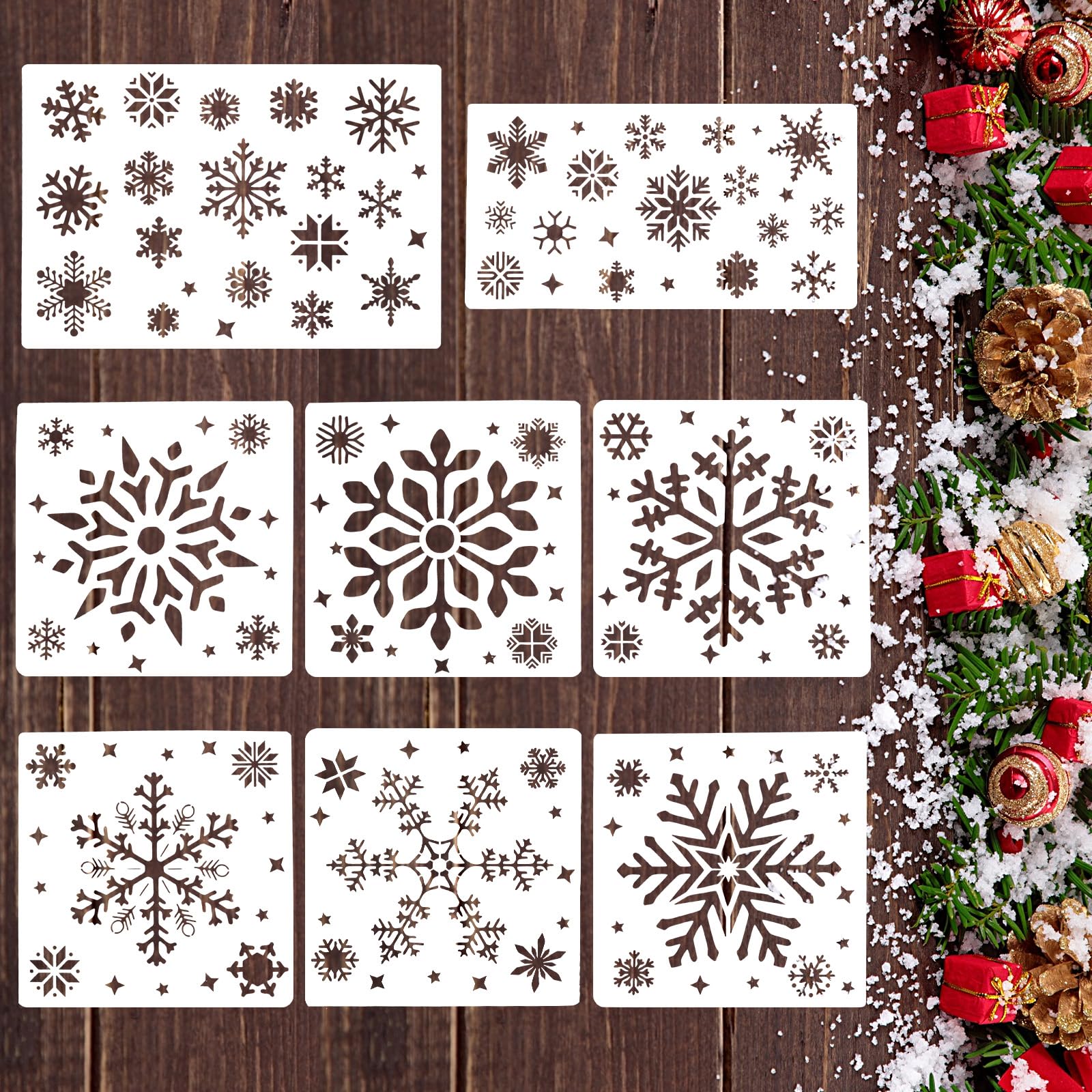 8 Pcs Christmas Snowflake Stencil for Crafts, Large Reusable Snowflake Drawing Painting Stencil Winter Holiday Snow Flake Stenci