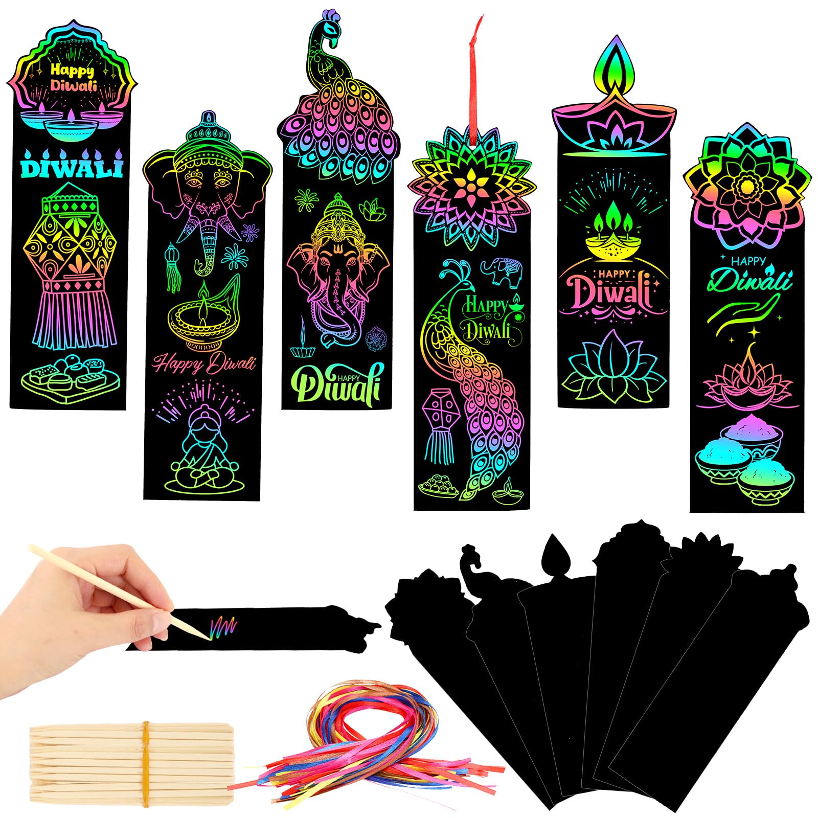 AUGSUN 96Pcs Diwali Crafts, Magic Rainbow Scratch Paper Art Bookmarks for Diwali Gifts Activities DIY Arts and Crafts Kits Happy