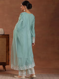Libas Womens Self Design Silk Blend Straight Kurta With Palazzos And Dupatta Green 2Xl