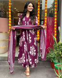 Anni Designer Women'S Rayon Blend Anarkali Printed Kurta With Pant & Dupatta (Jasiwal Wine-Vks01_4Xl_Wine_Xxxx-Large),Wine,4XL,,,