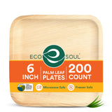 ECO SOUL 200 Count Square Palm Leaf Plates of 6 Inch - Disposable, Eco-Friendly, Biodegradable Bamboo Plates - Perfect for Parti