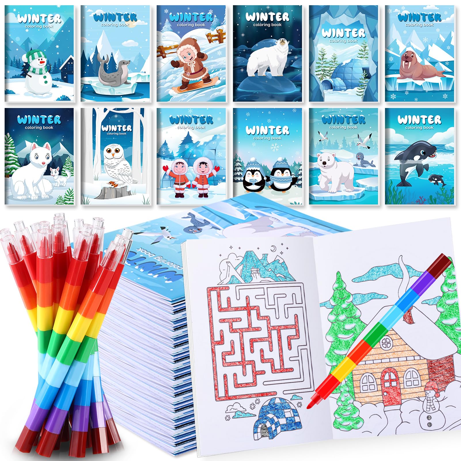 BenLouis 12 Winter Mini Coloring Books Kids with 12 Stacking Crayons Polar Animals Party Favors Small Activity Books Bulk for Ki