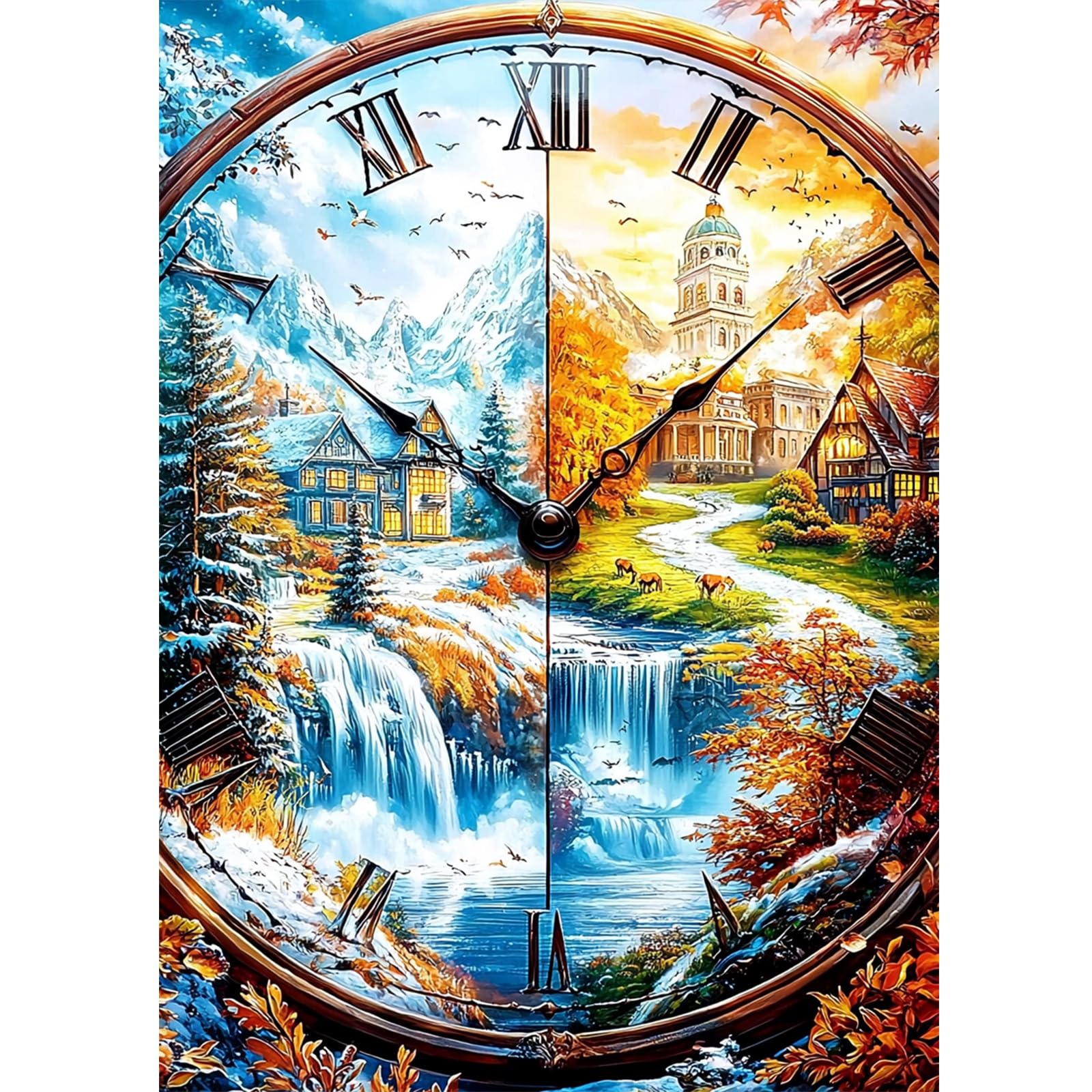 RICUVED Landscape Diamond Art Kits for Adults, Clock Diamond Painting Kits for Beginners, DIY 5D Full Round Drill Gem Crystal Rh