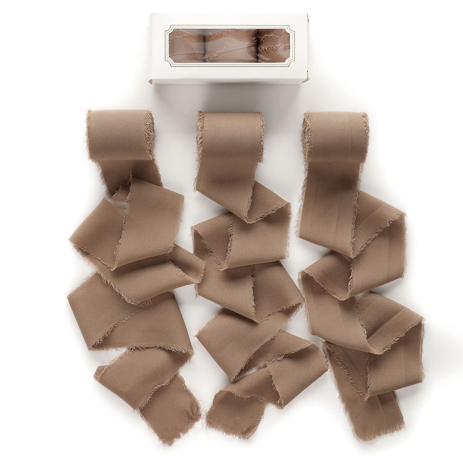 Pretty Jolly Brown Chiffon Ribbon for Gift Wrapping 3 Rolls 2 Inch x 7Yd Khaki Silk Ribbons Handmade Fringe Fabric Ribbon for Fl