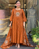 Anni Designer Women'S Rayon Viscose Anarkali Embroidered Kurta With Pant & Dupatta (Kesriya Rust-Vks01_Xl_Rust_X-Large),Rust,XL,,,