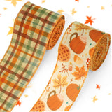 Threetols 2 Rolls 10 Yards Fall Wired Edge Ribbons, 2.5inch Orange Plaid Burlap Ribbon, Autumn Leaves Pumpkin Ribbon for Harvest