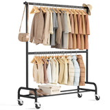 MISSLO Heavy Duty Clothes Rack for Hanging Clothes Double Rod Rolling Clothing Rack Heavy Duty on Wheels for Coat, Garment, Matt
