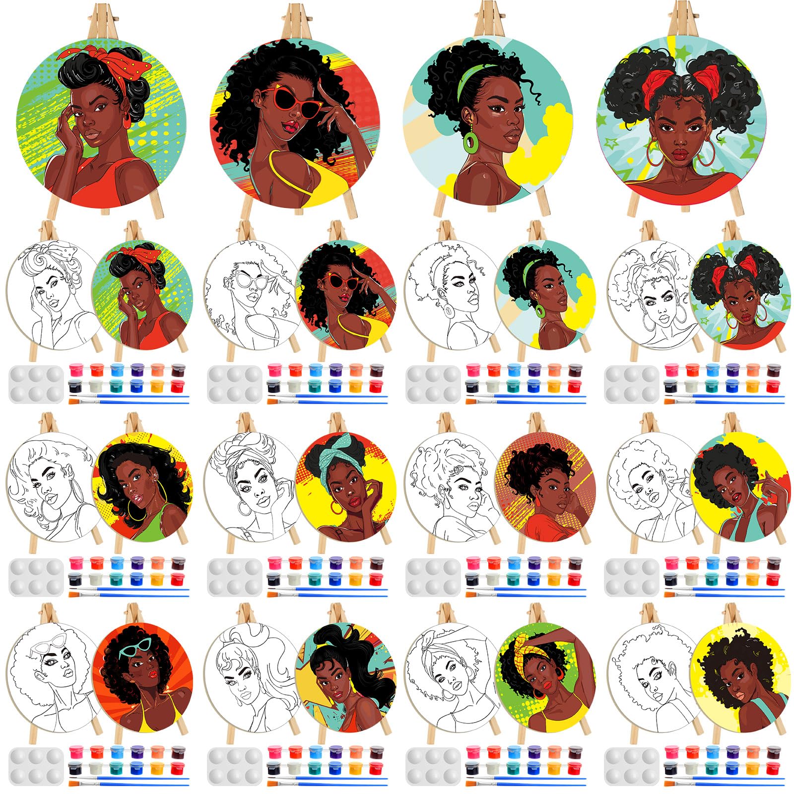 Supervitae 72 Piece Black Girls Round Pre Drawn Canvas Kit 5.9 Paint and Sip Kit for Adults Painting Party Pre Printed Canvas DI