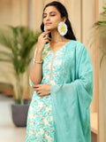 Libas Womens Printed Cotton Blend Straight Kurta With Salwar And Dupatta Blue S