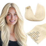 MAXITA Clip in Hair Extensions - Platinum Blonde Real Human Remy Hair, 120g 7pcs 22 Inch, Straight Long Natural