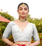Pujia Mills Womens Fancy Readymade Half Sleeve Sequins Saree Blouse (White, 36)