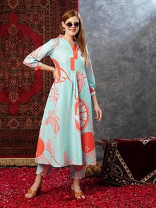 Anni Designer Women'S Cotton Blend Anarkali Printed Kurta With Pant (Santra Orange-Jl_Xl_Orange_X-Large),Orange,XL,,,
